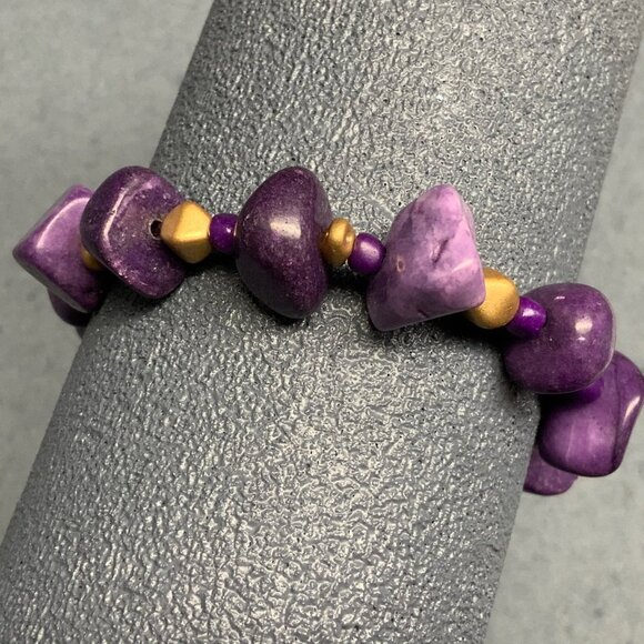 Organic Beaded Stretch Bracelet 7.5 In Purple Marbled Stone Gold Chunky Hippie R - Picture 3 of 5